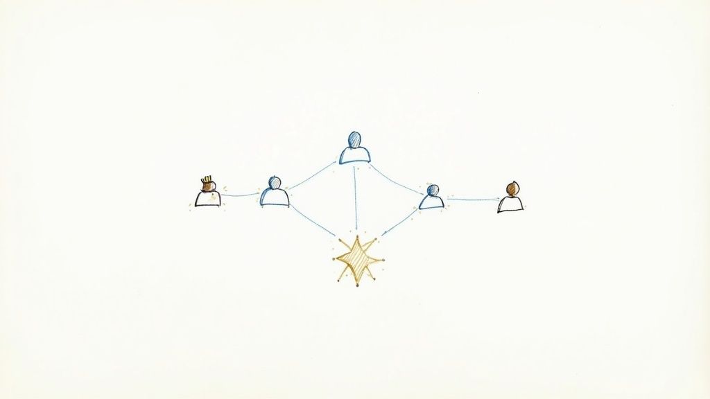 Network diagram showing people connected to central figure and star representing social media monitoring