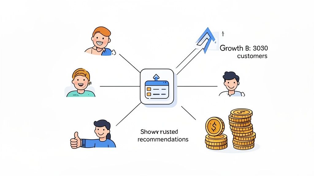 A conceptual diagram illustrating a referral program's elements like users, recommendations, growth, and rewards.