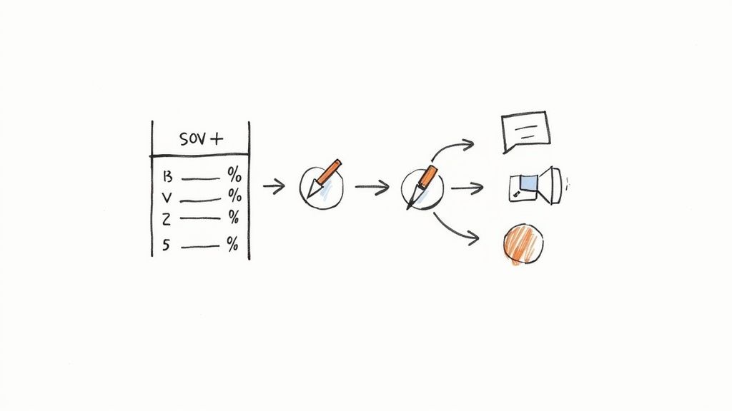 A diagram illustrating the SOV (Share of Voice) calculation leading to content creation and diverse media outputs.