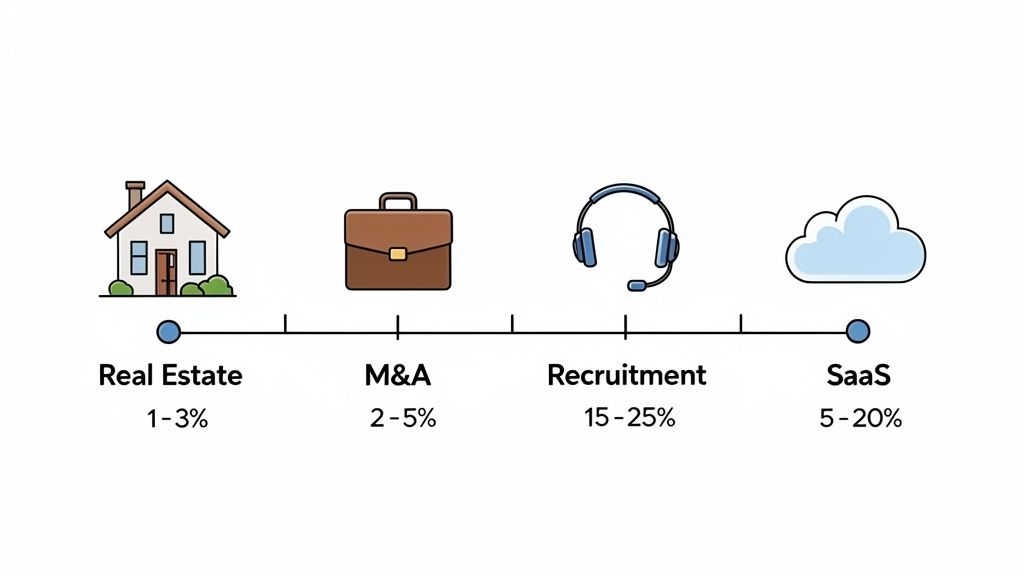 An infographic illustrating typical finders fee or commission percentages for Real Estate, M&A, Recruitment, and SaaS industries.