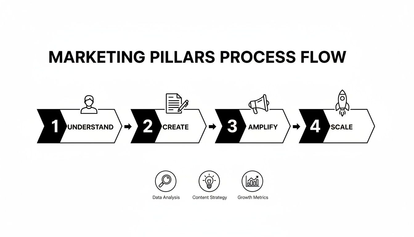 Marketing pillars process flow diagram showing four steps: understand, create, amplify, and scale, with key metrics.