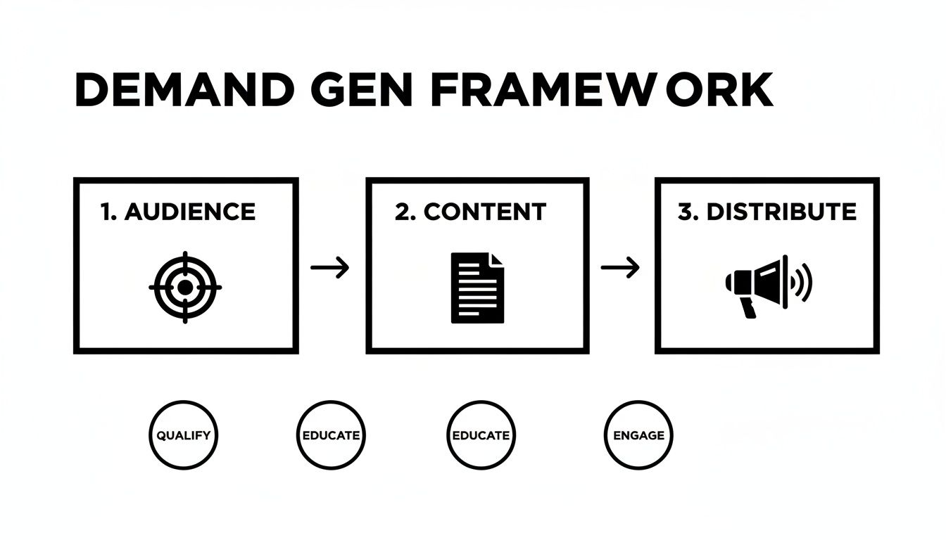 Demand Generation Framework flowchart showing Audience, Content, and Distribute steps with associated actions.