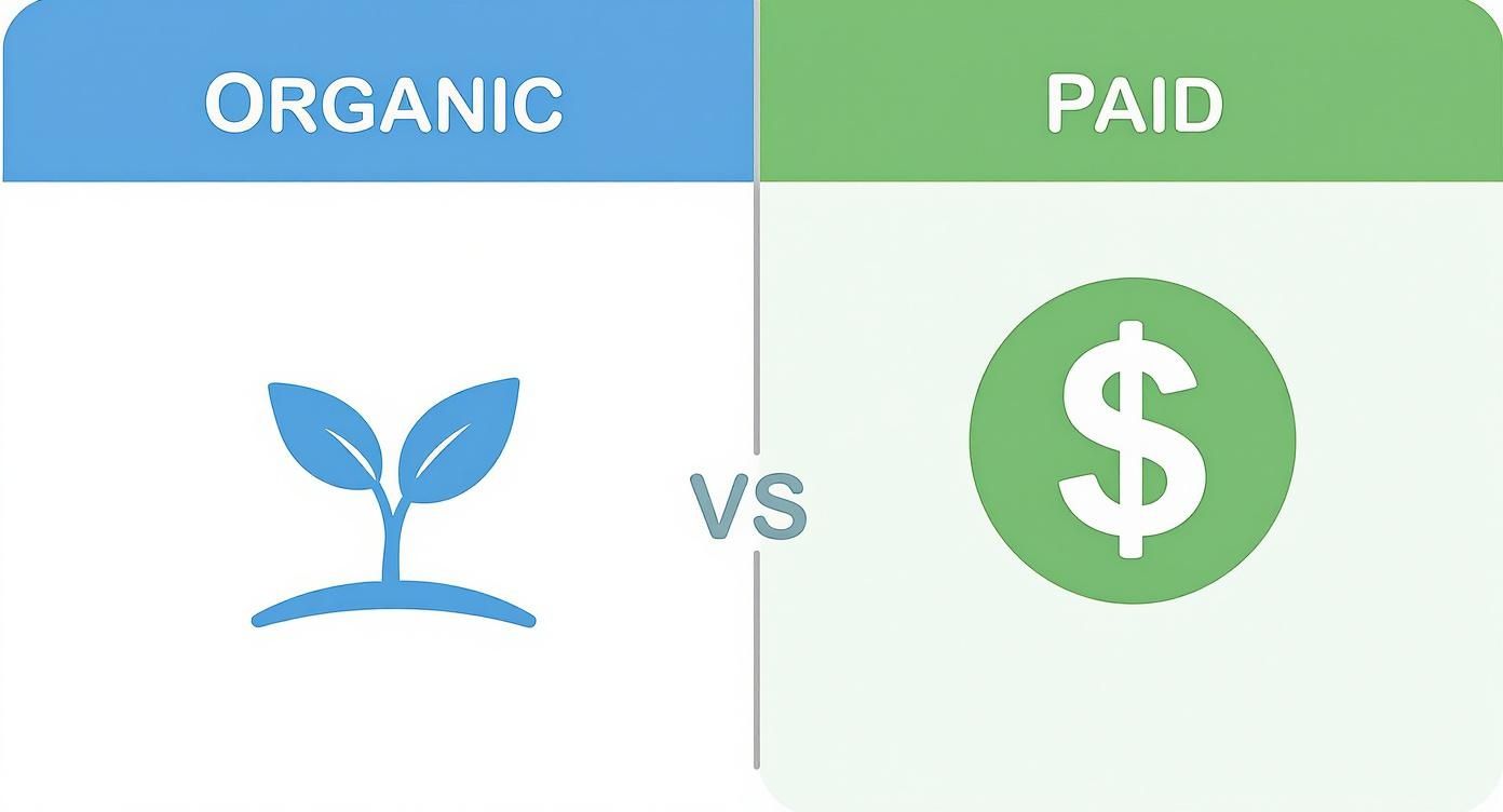 A visual comparison of organic growth represented by a plant icon versus paid growth with a dollar sign.