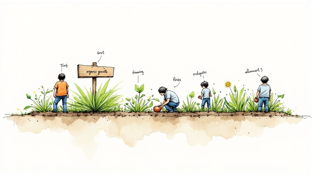 A person tending to a community garden, symbolizing the care and effort required for organic growth.