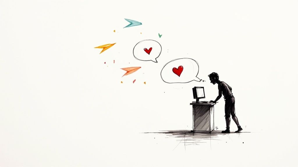 A person thoughtfully engaging with social media conversations on a laptop, representing the human side of social listening