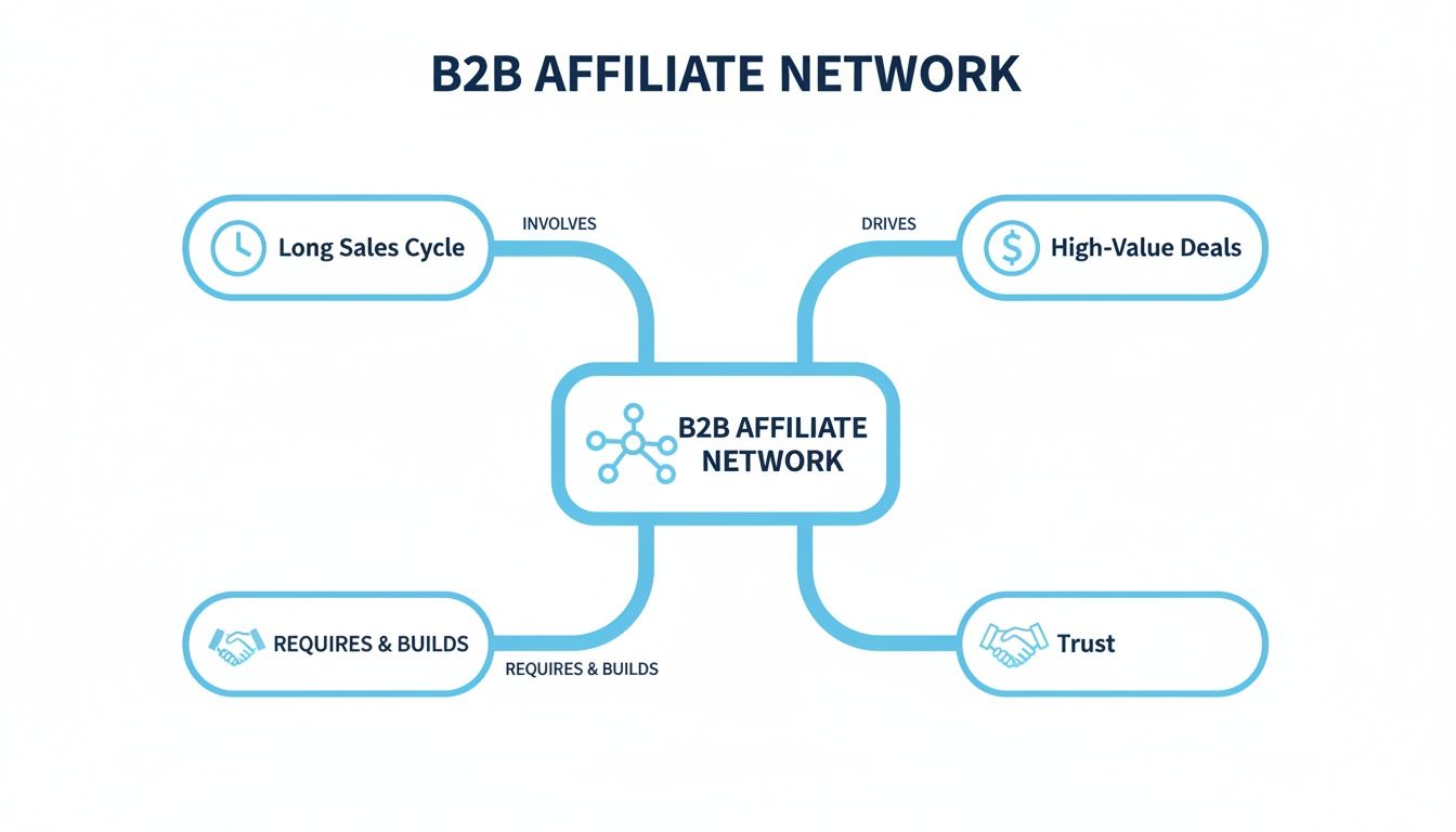 A diagram outlining the B2B Affiliate Network, showing it involves long sales cycles, drives high-value deals, and builds trust.