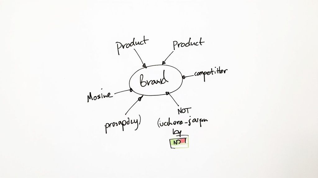 Hand-drawn mind map showing brand elements including product, competitor, Mosine, promptly, and whore-farm