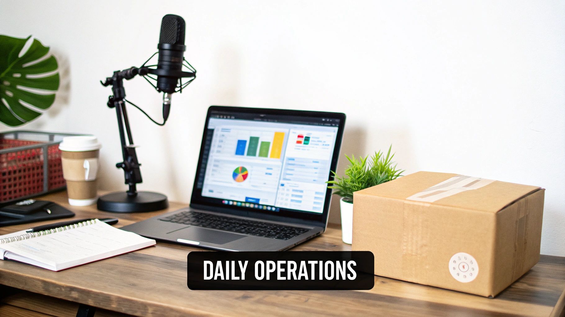 A person at a desk managing multiple tasks, symbolizing the operational side of online business