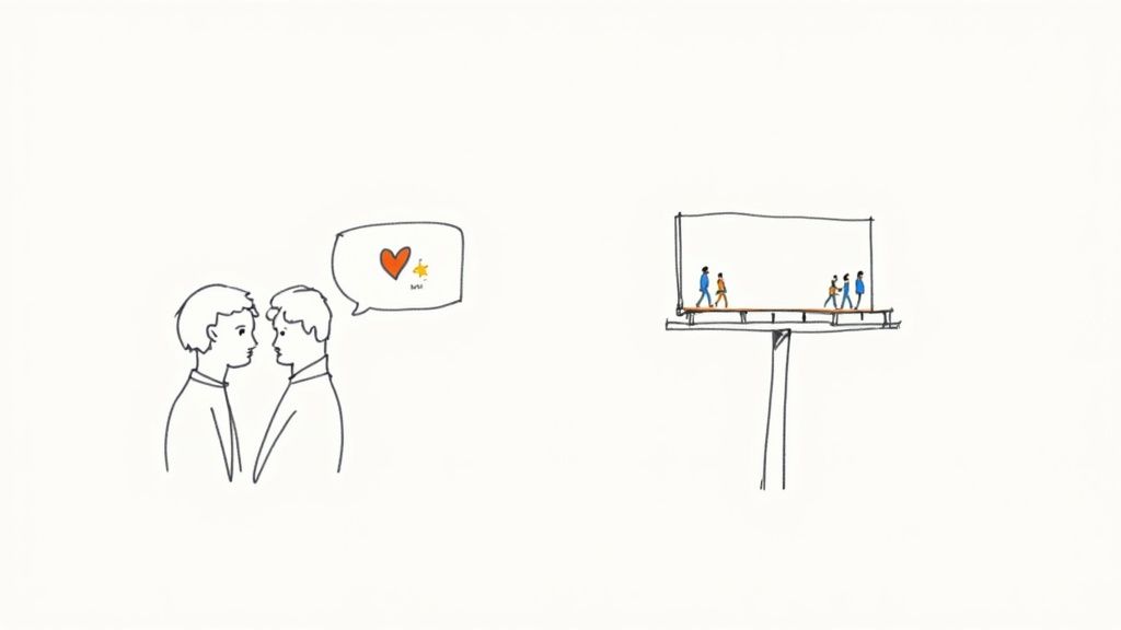 Two people having a friendly conversation, representing word of mouth marketing