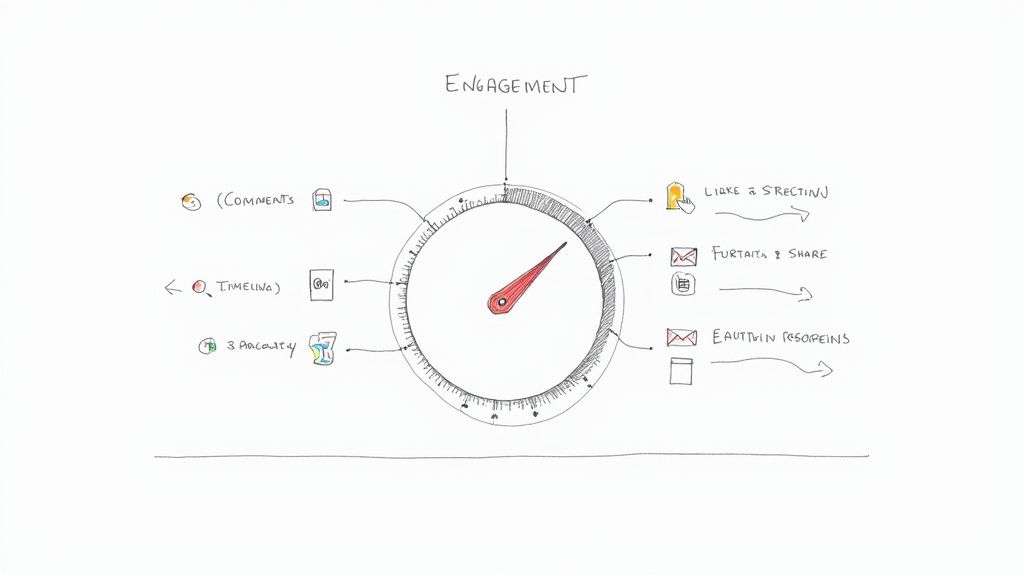 Engagement gauge diagram showing social media metrics including comments, likes, shares, and email reopens