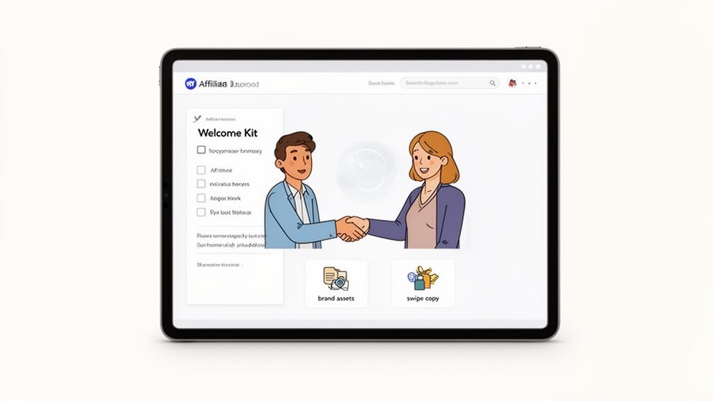 A digital tablet screen displaying an affiliate marketing platform's welcome kit with brand assets.