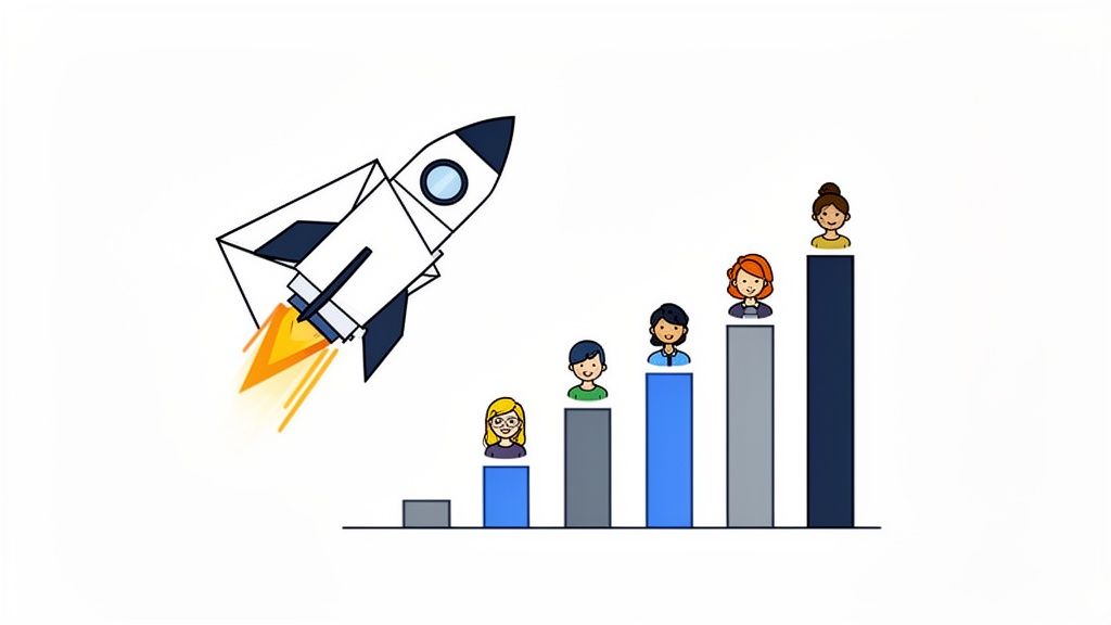 A white rocket launches upwards beside a bar chart illustrating team growth and success.