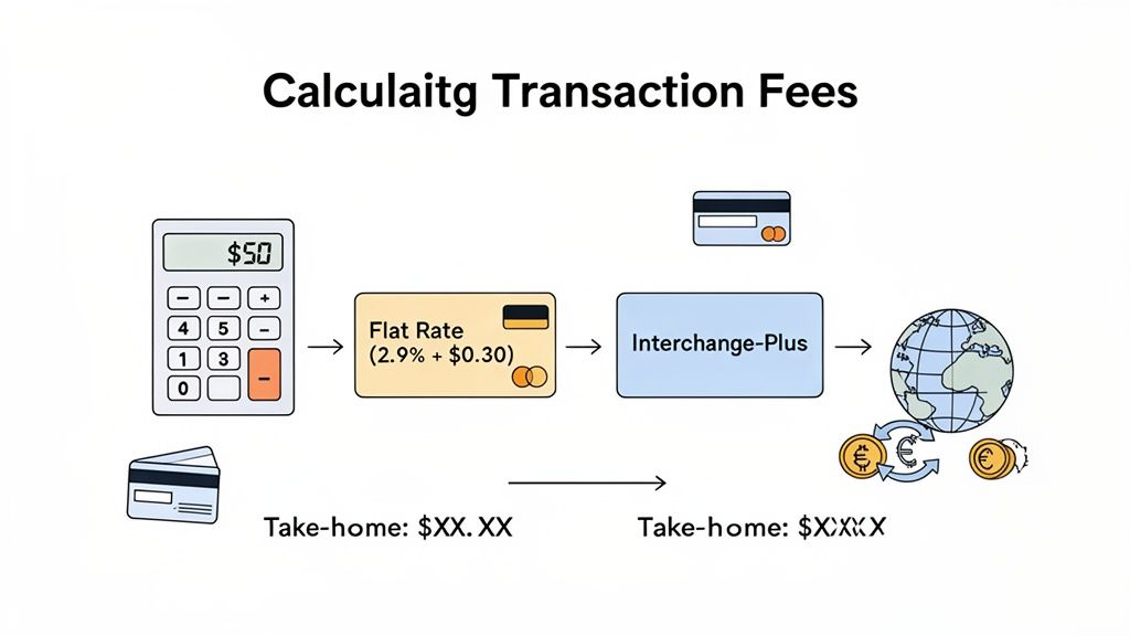 Diagram illustrating credit card transaction fees, including flat rate, interchange-plus, and international conversions.