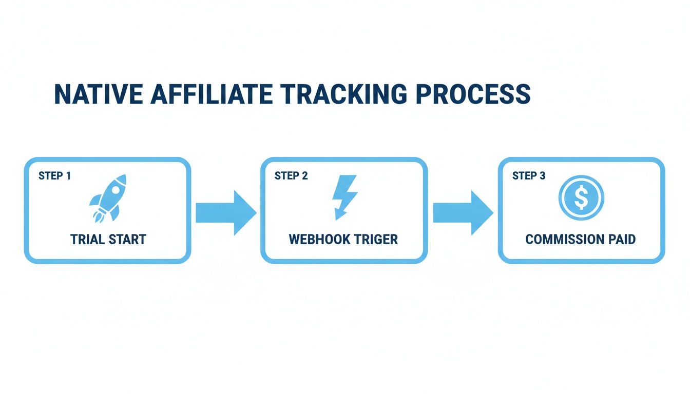 A flowchart illustrates the native affiliate tracking process: trial start, webhook trigger, and commission paid.