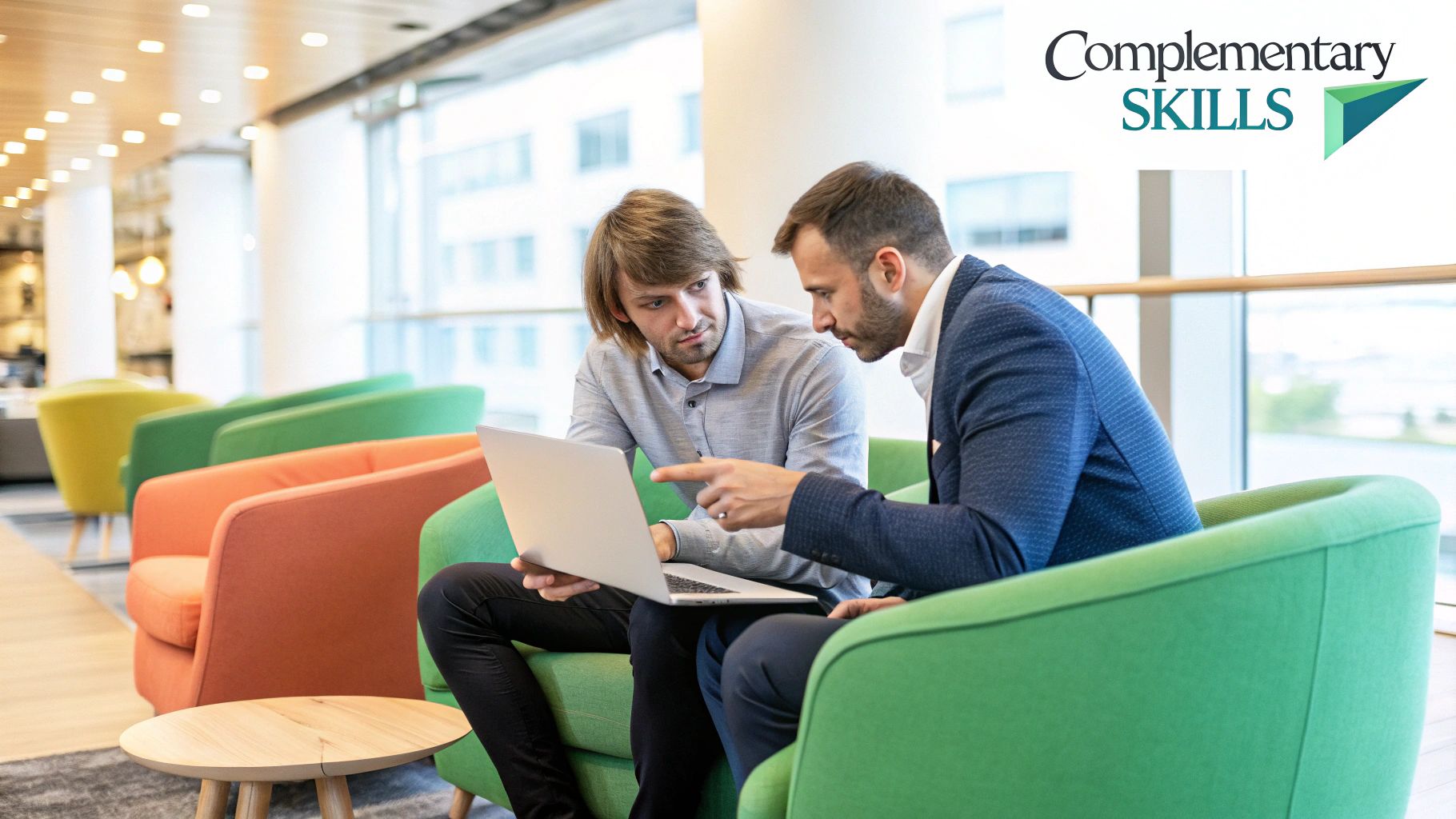 Two people collaborating on a business plan in a modern office