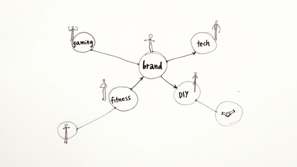 A handwritten mind map shows 'brand' connecting to consumer interest areas: gaming, tech, DIY, and fitness.