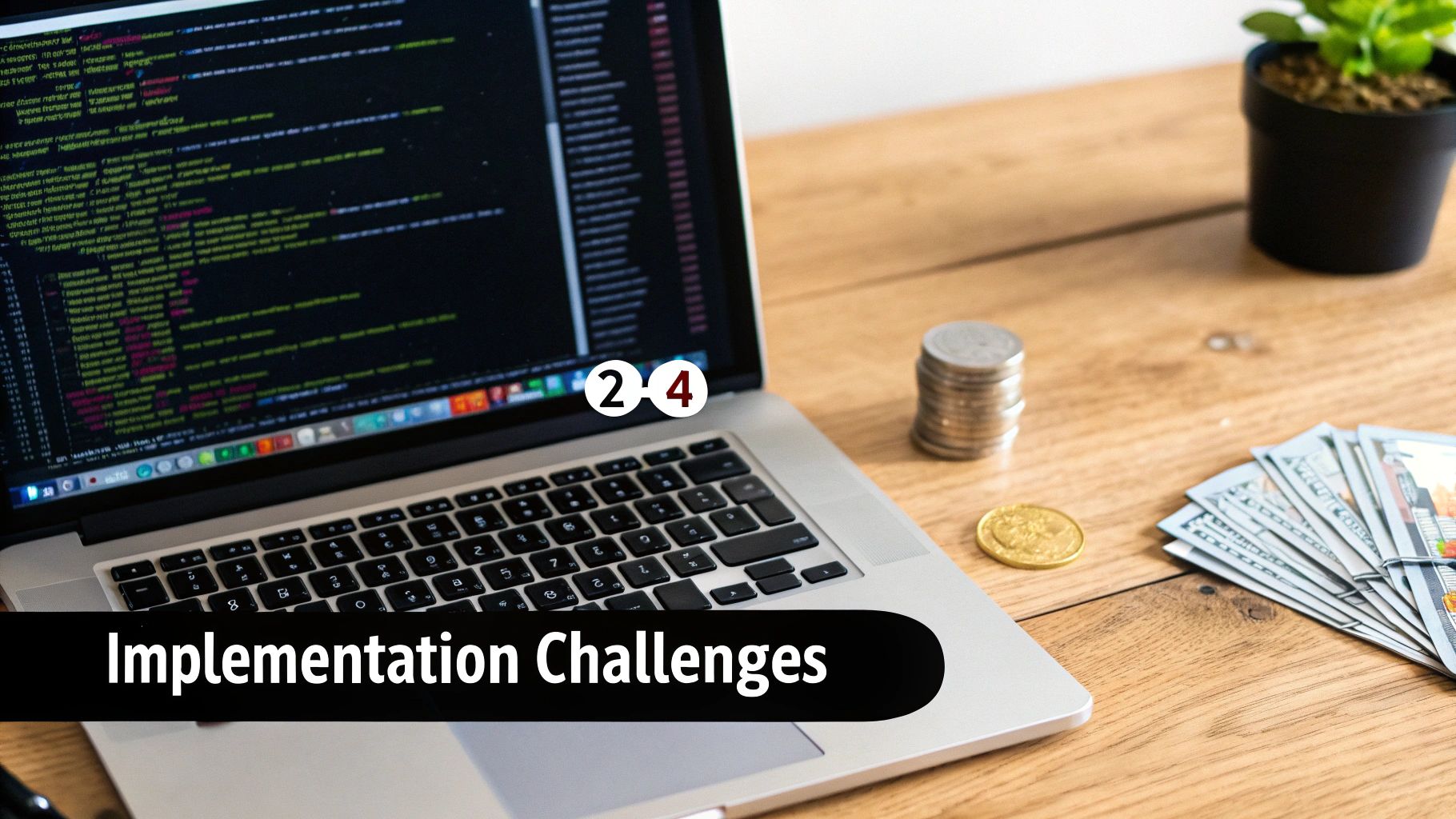 Laptop displaying code, stacks of coins and dollar bills on a wooden desk, symbolizing financial software development challenges.