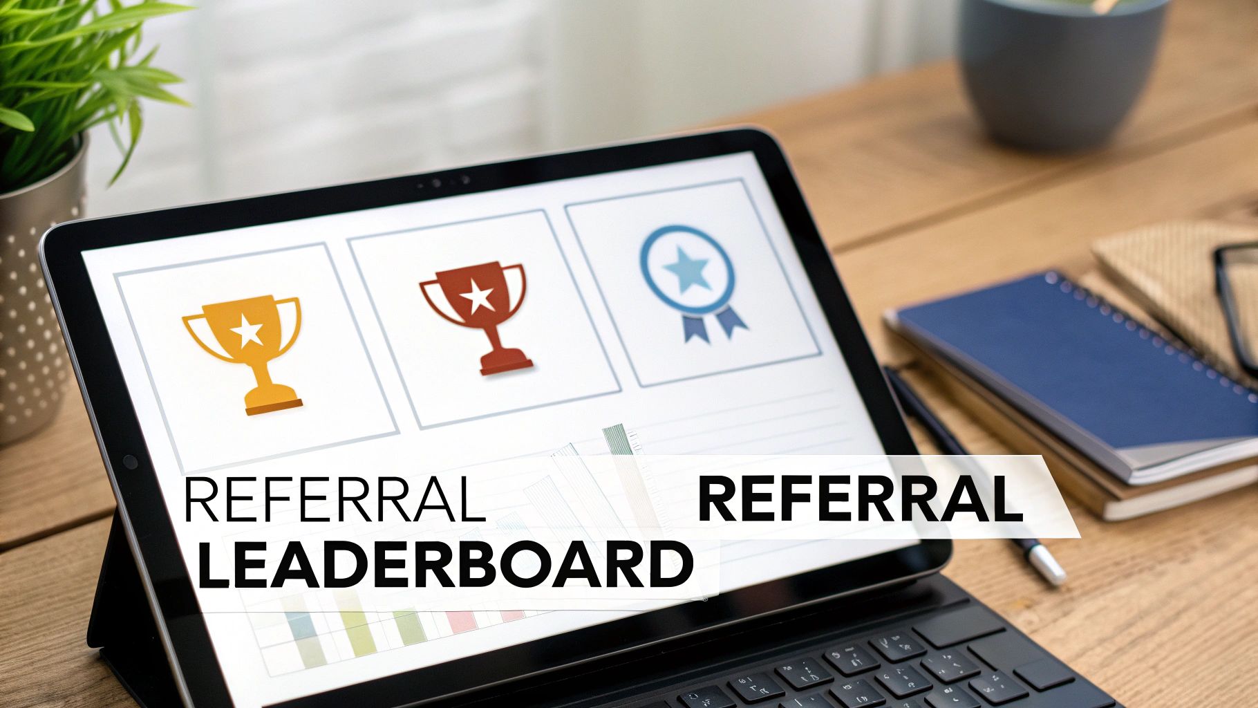 A laptop screen displays a 'REFERRAL LEADERBOARD' with gold and red trophies, and a blue medal.