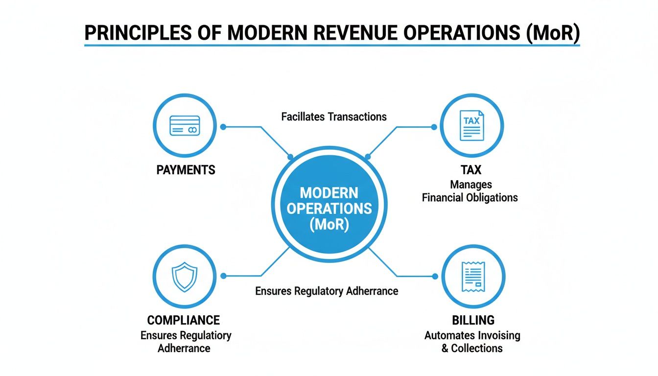 Diagram showing the four principles of Modern Revenue Operations (MoR): Payments, Tax, Compliance, and Billing.