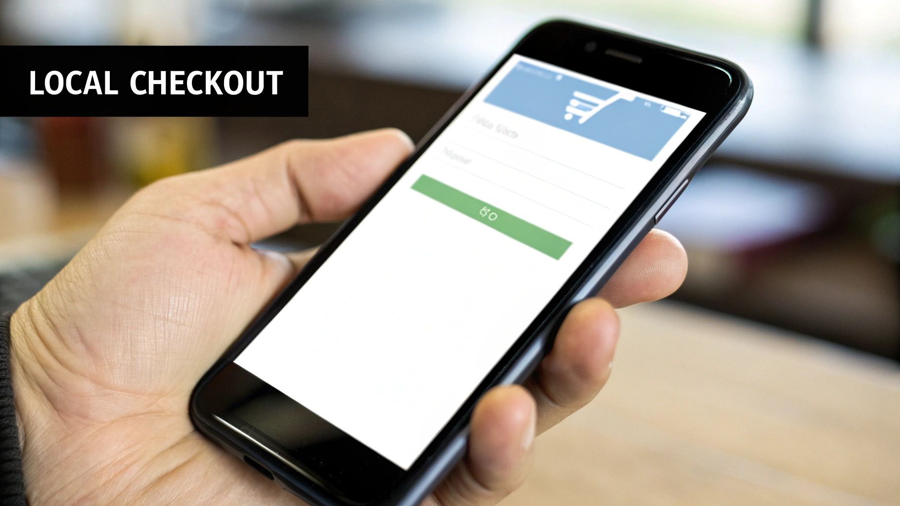 Hand holding a smartphone showing a mobile checkout screen with a shopping cart and a 'GO' button. Text 'LOCAL CHECKOUT'.