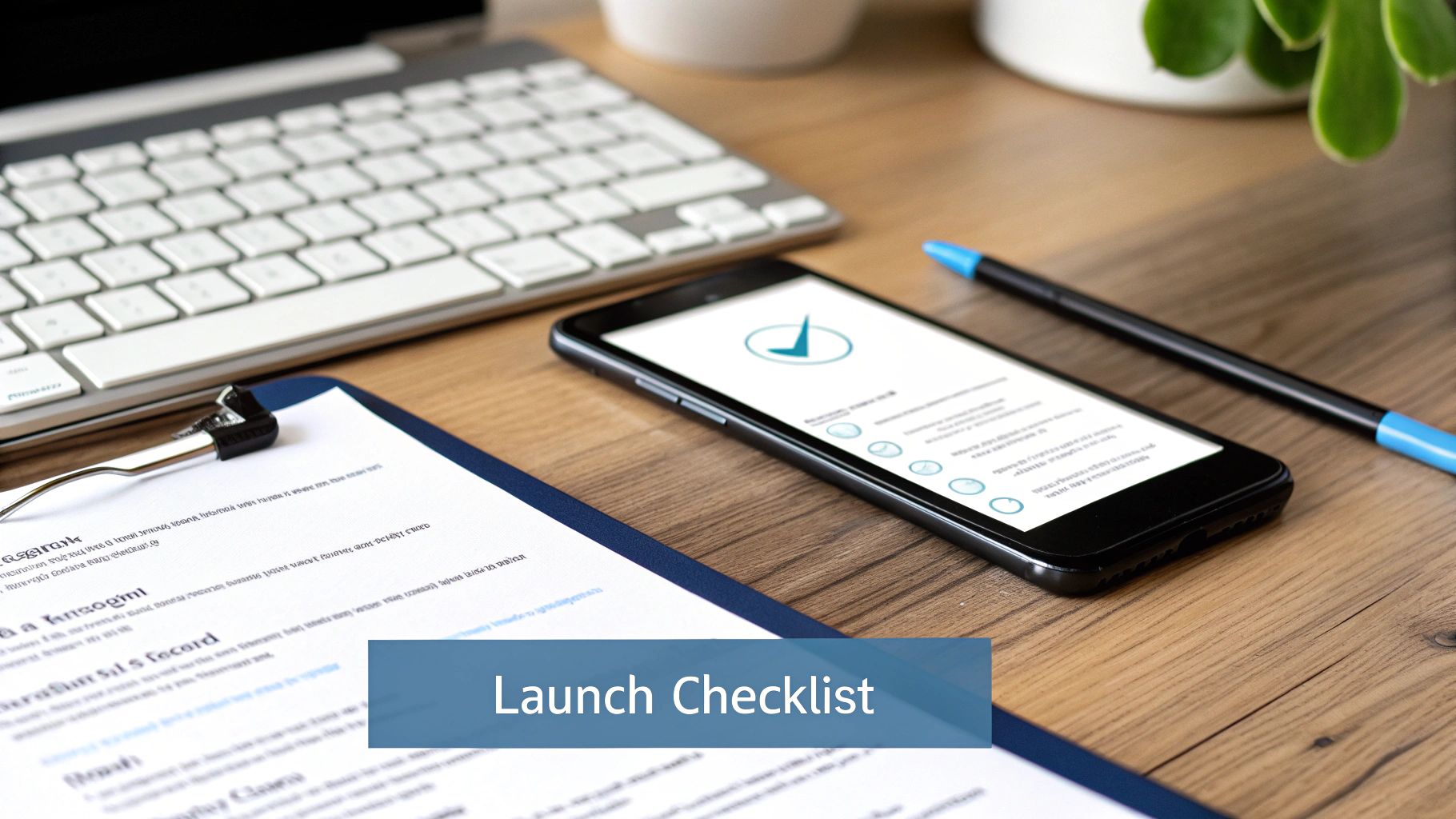 Office desk with a smartphone displaying a launch checklist, laptop, pen, and documents.