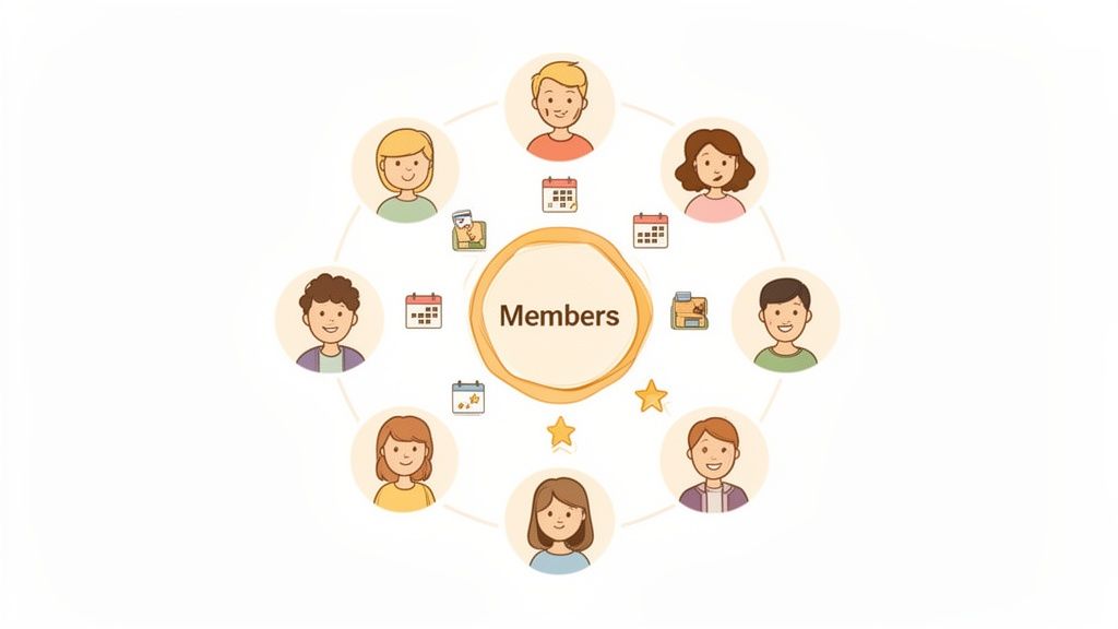 Illustration of diverse team members connected around a central 'Members' circle with calendars and stars.