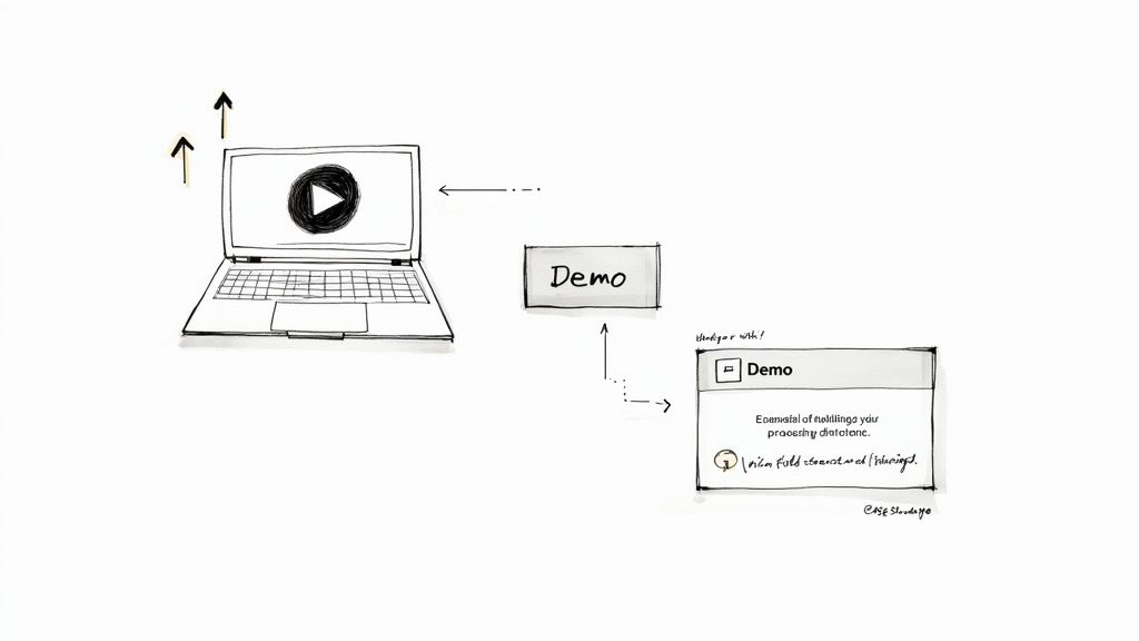 Hand-drawn diagram illustrating a software demo process flow with a laptop and a developer wish dialog.