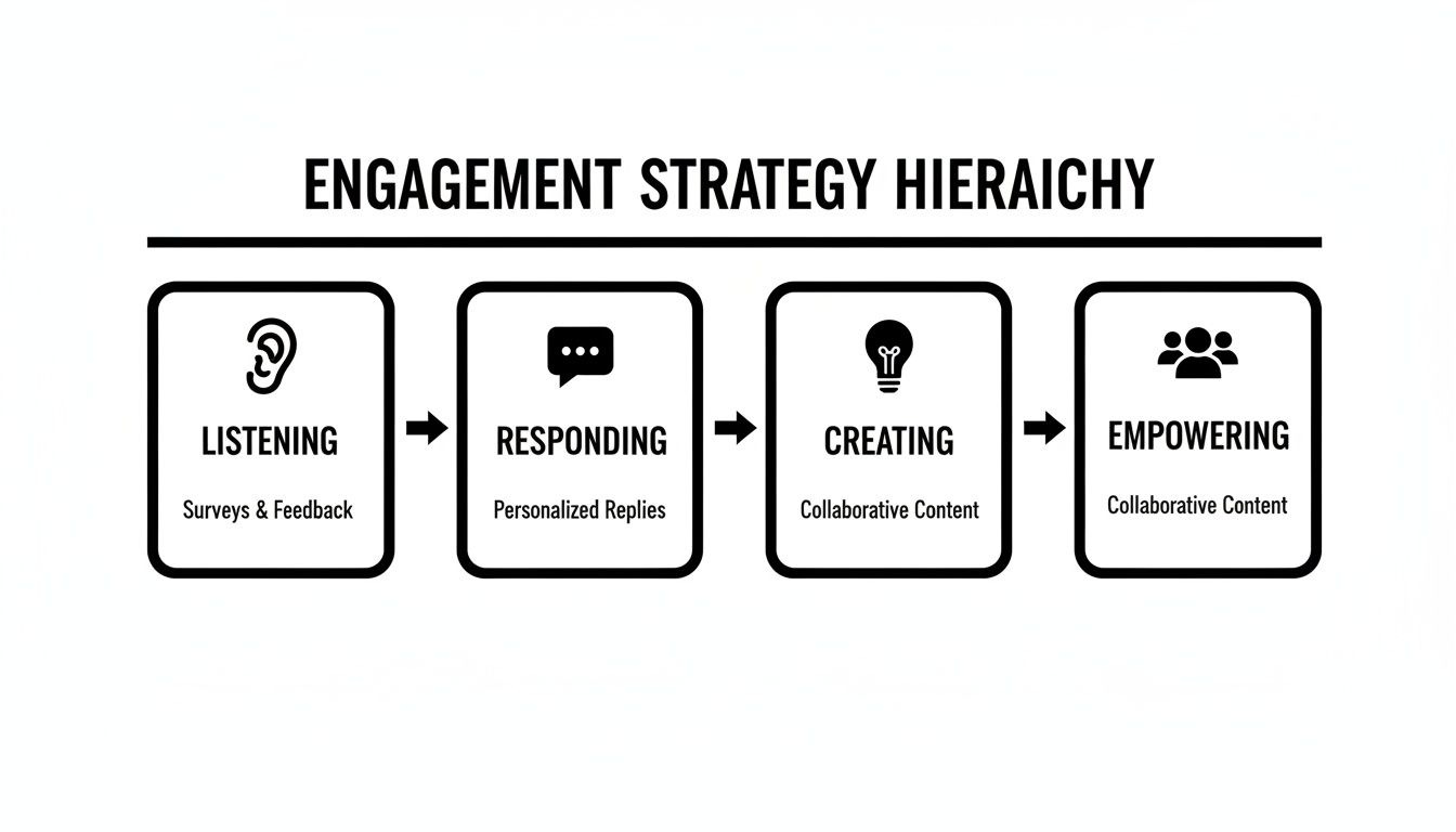 A flowchart titled 'Engagement Strategy Hierarchy' showing four steps: Listening, Responding, Creating, and Empowering.