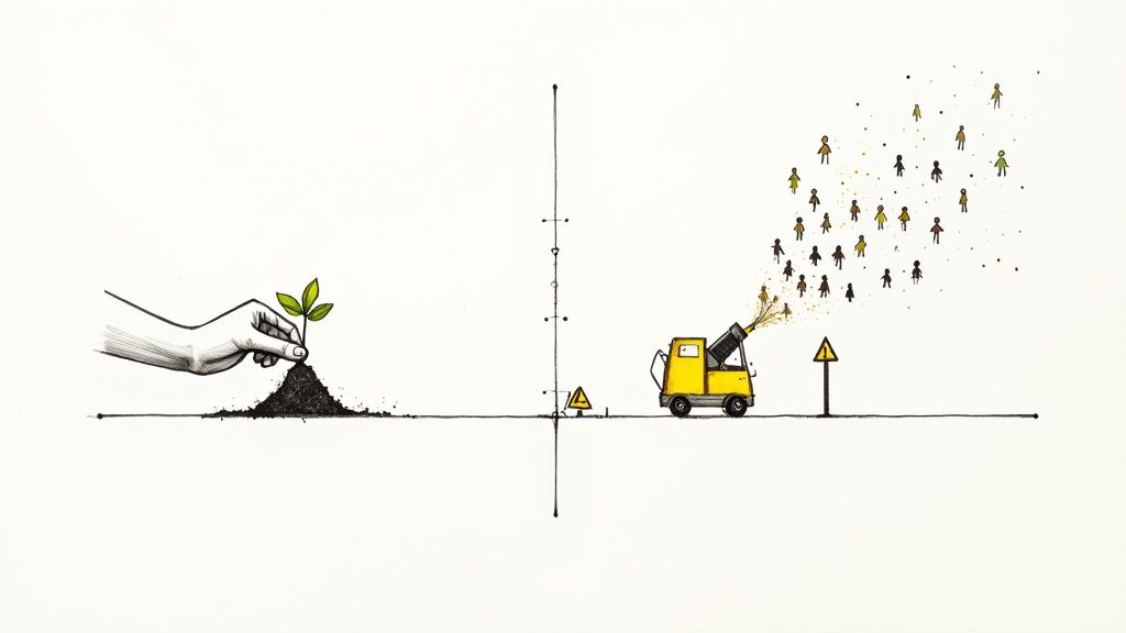 A comparison showing a healthy, thriving plant on one side and a wilting, unhealthy plant on the other, symbolizing organic vs. automated growth.