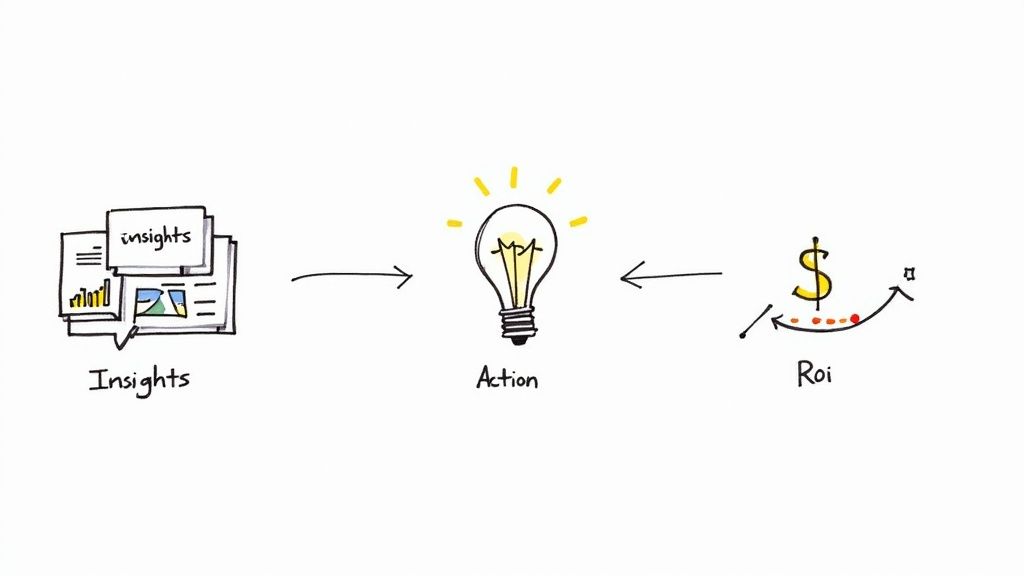 A visual representation of the insights-action-ROI cycle with arrows linking each stage.