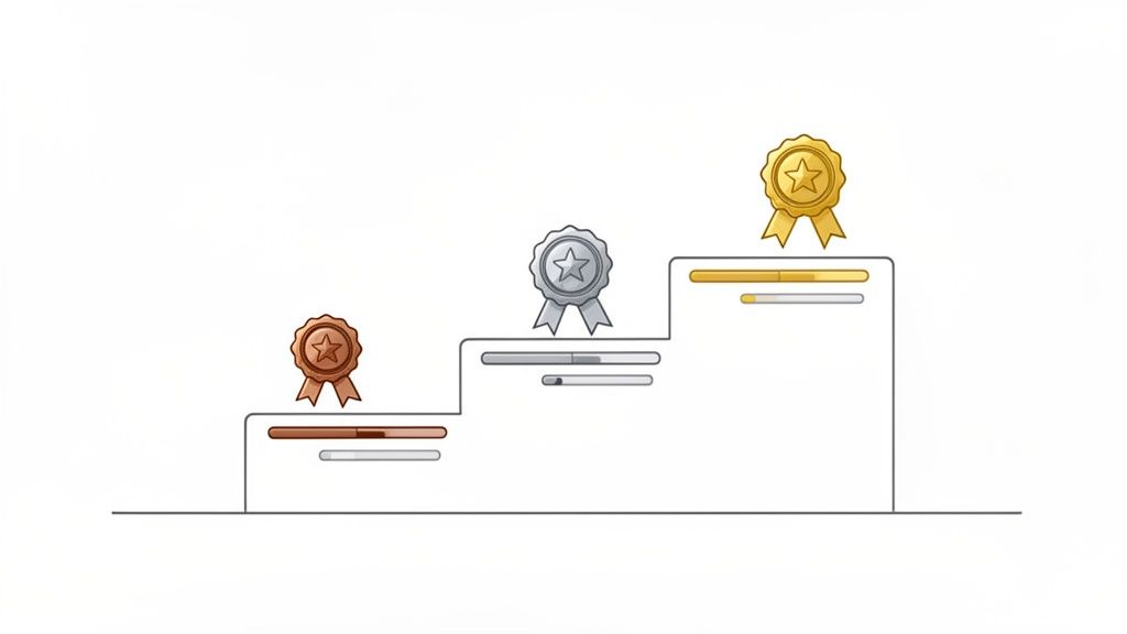 A three-tier podium displaying gold, silver, and bronze achievement ribbons with progress bars.