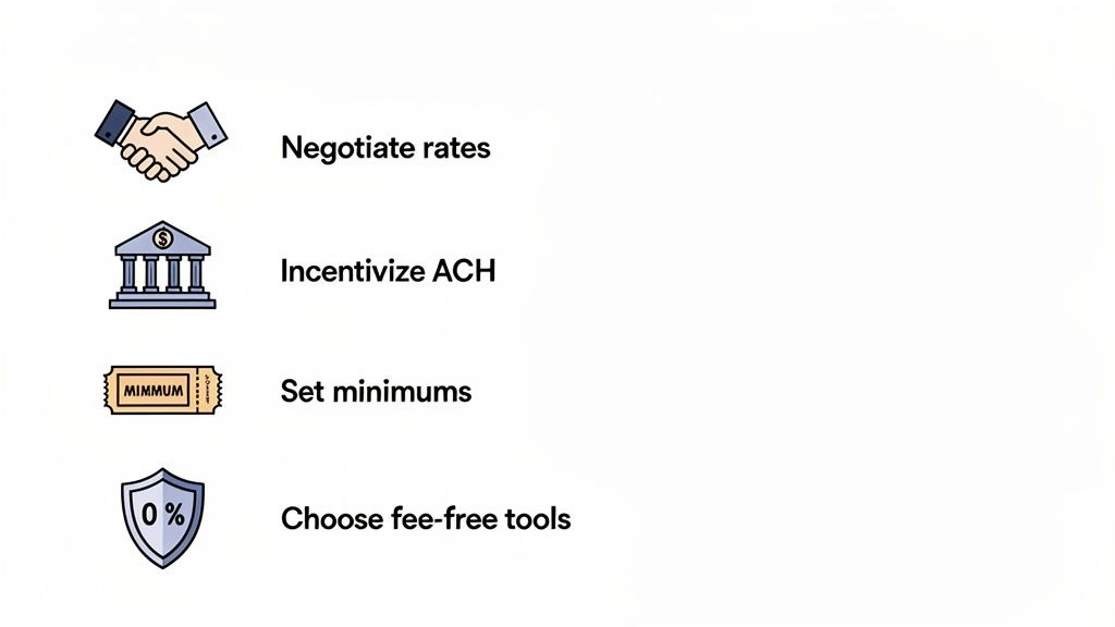 An illustration listing four strategies to manage transaction fees: negotiate rates, incentivize ACH, set minimums, and choose fee-free tools.