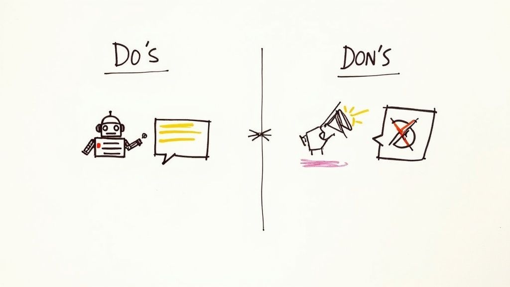 A whiteboard drawing showing 'Do's and Don'ts' for digital communication, featuring a robot chatting versus a megaphone.