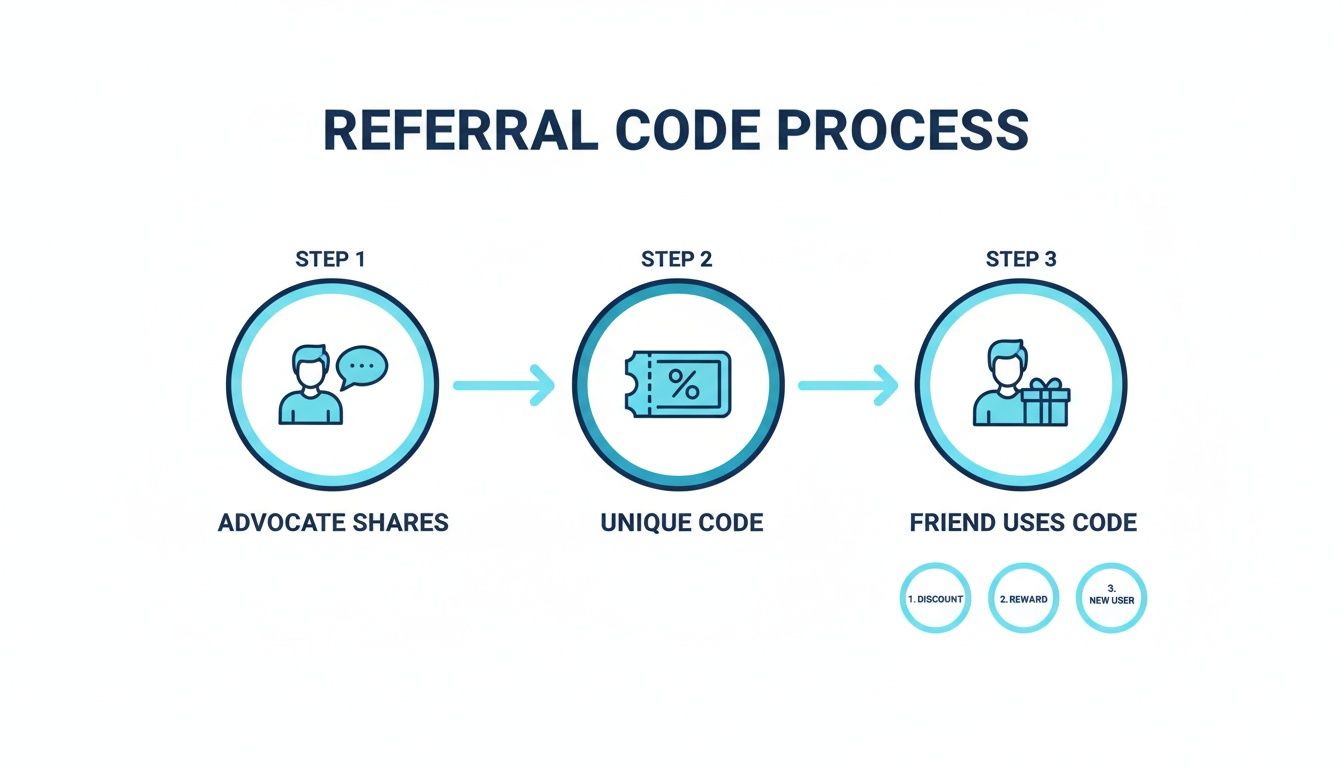 An infographic illustrating the three-step referral code process: advocate shares, unique code, friend uses code for rewards.