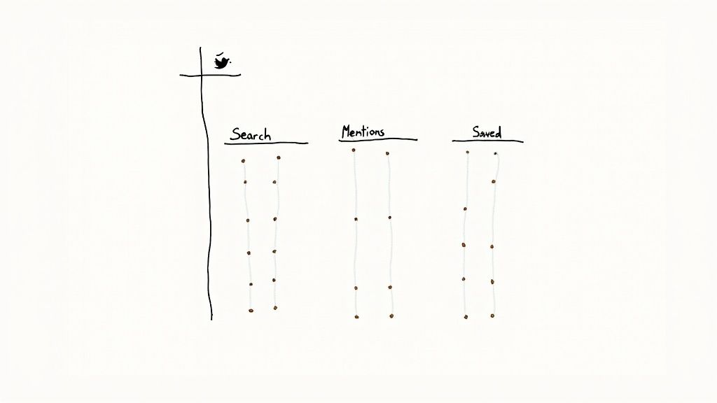 A hand-drawn diagram illustrating Twitter features: Search, Mentions, and Saved, each with lists of items.