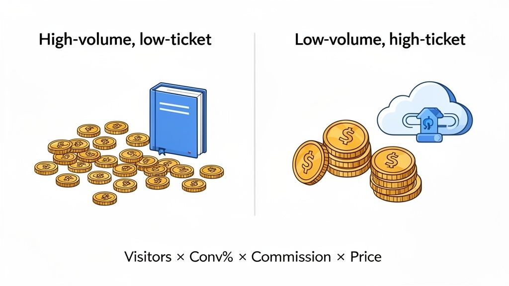 Illustration comparing high-volume low-ticket and low-volume high-ticket affiliate marketing income models and their formula.