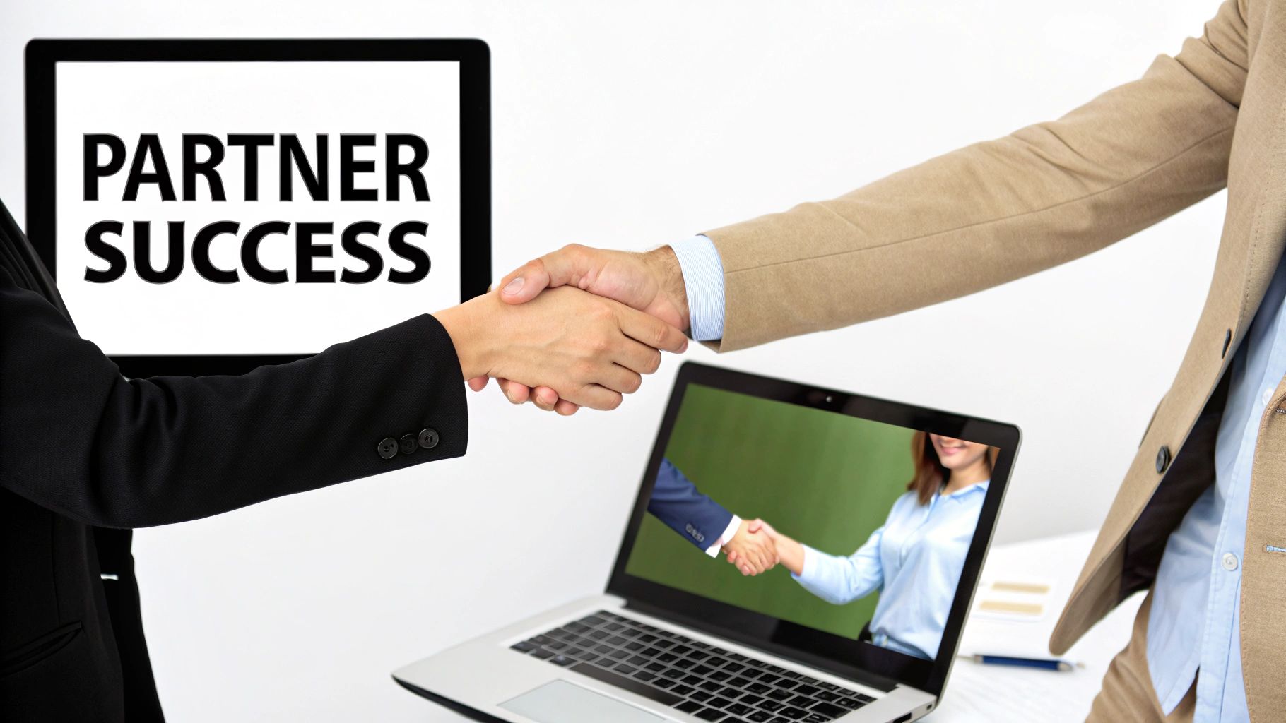 Two people shaking hands over a desk, signifying a successful partnership agreement.