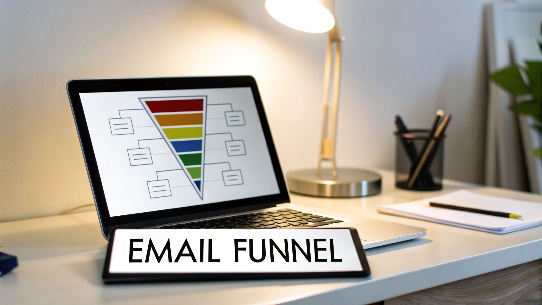 A flowchart showing an email sequence, starting with a lead magnet and moving through a welcome series to a promotional campaign, illustrating an automated funnel.