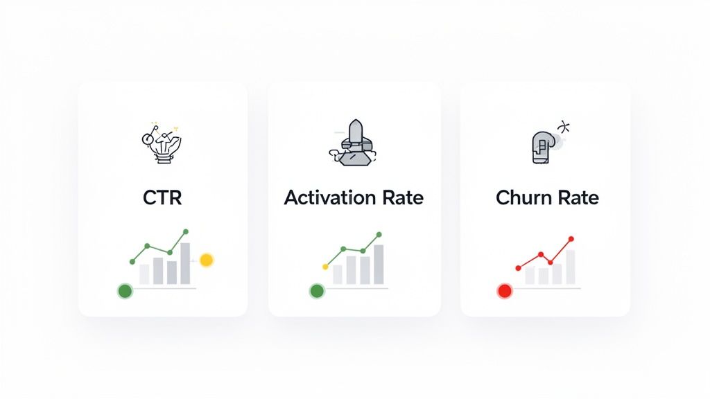 Three cards display key business metrics: CTR, Activation Rate, and Churn Rate with charts and icons.