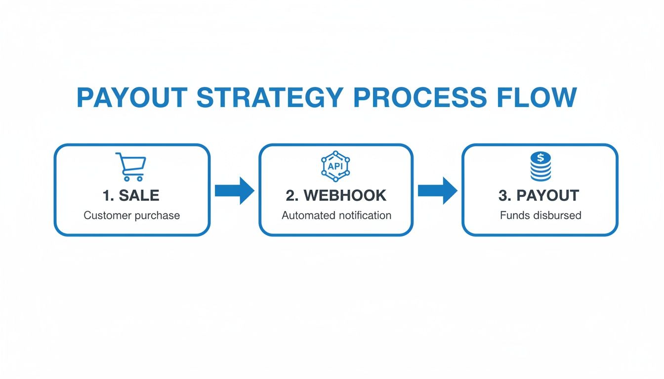 A three-step payout strategy process flow showing sale, webhook notification, and funds disbursement.