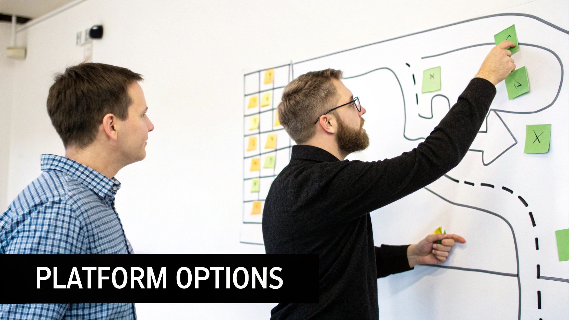 Two men collaborate on a whiteboard, strategizing with sticky notes and diagrams about platform options.
