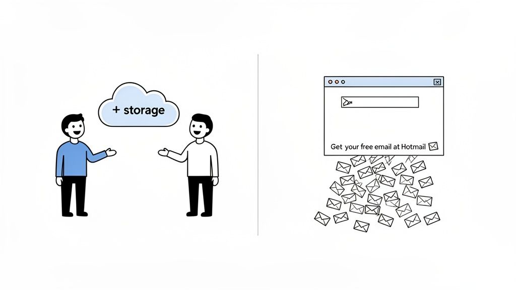 A cartoon illustrates two people discussing cloud storage and a browser window with many Hotmail emails.