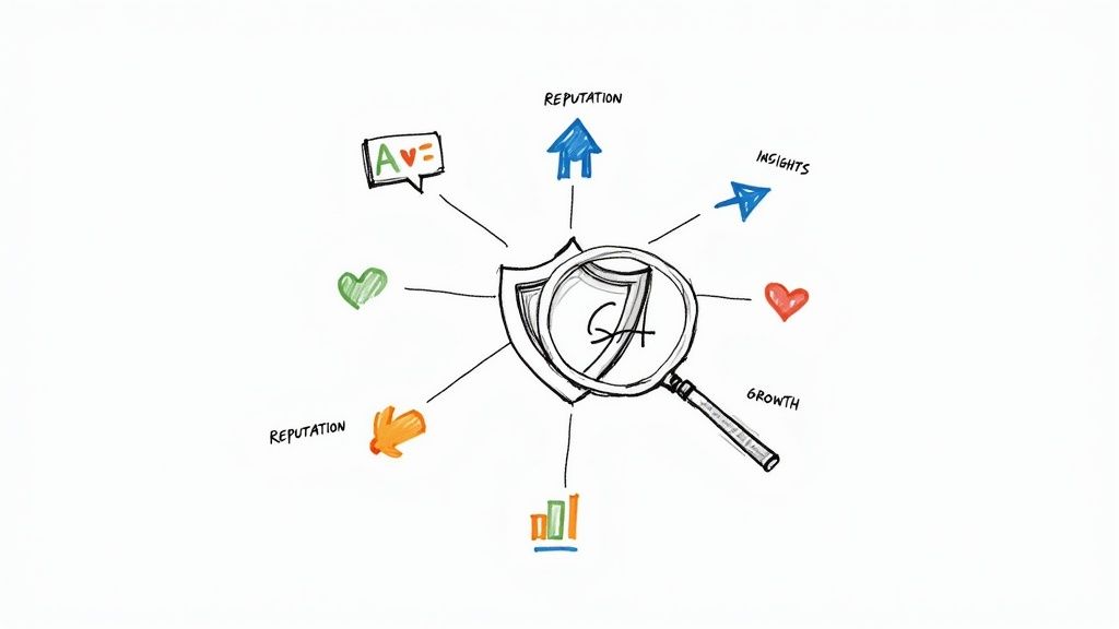 Hand-drawn diagram of a shield and magnifying glass surrounded by symbols for reputation, insights, growth, and sentiment.