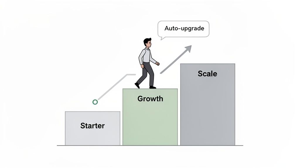 Illustration of a man progressing through Starter, Growth, and Scale tiers with an auto-upgrade feature.