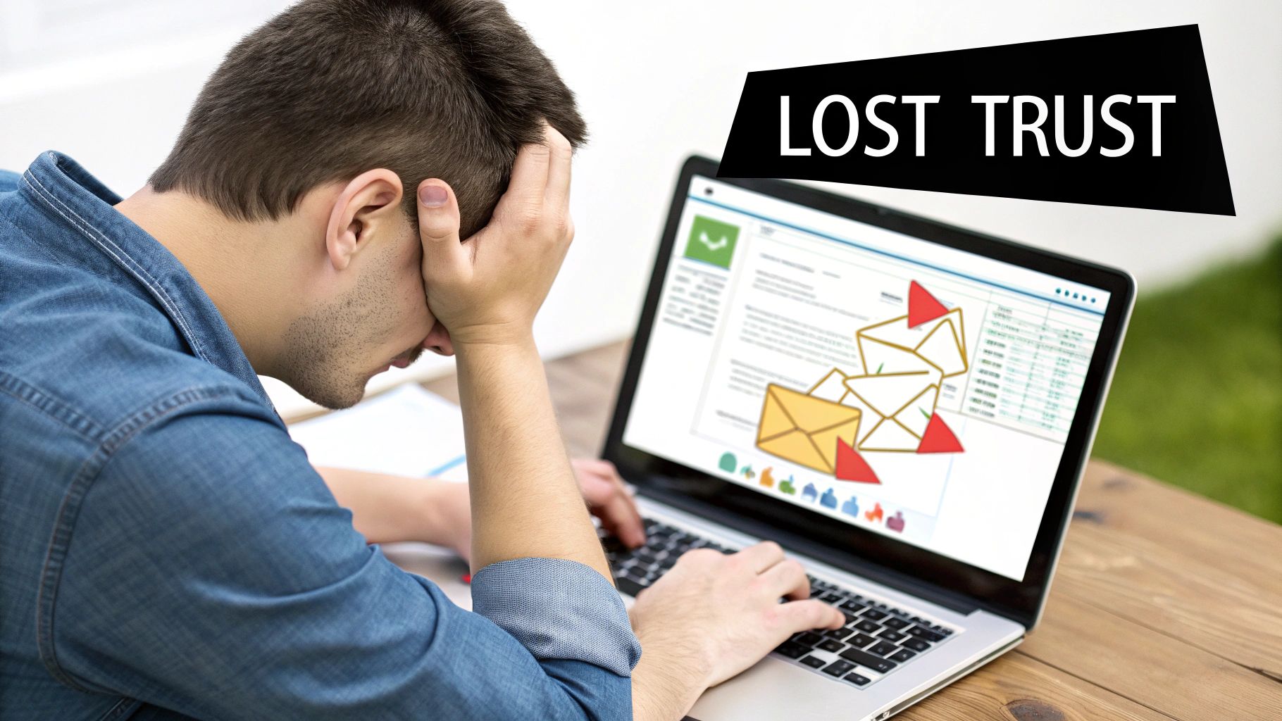 An open laptop on a desk showing a messy, cluttered email inbox, symbolizing failed email campaigns.