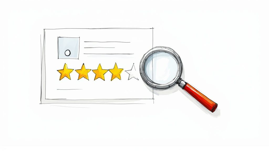 A hand-drawn sketch of a review card showing four out of five stars, with a magnifying glass.