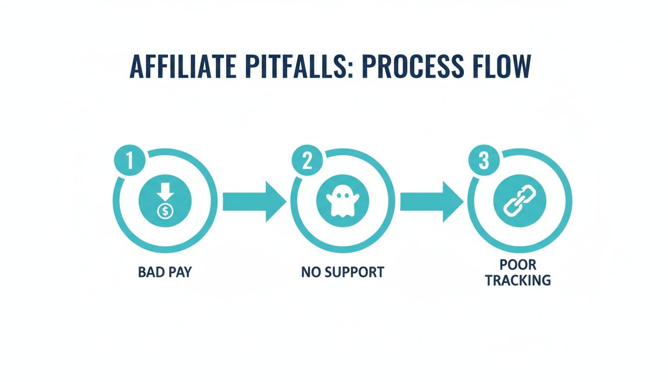 Process flow outlining three common affiliate marketing pitfalls: bad pay, no support, and poor tracking.