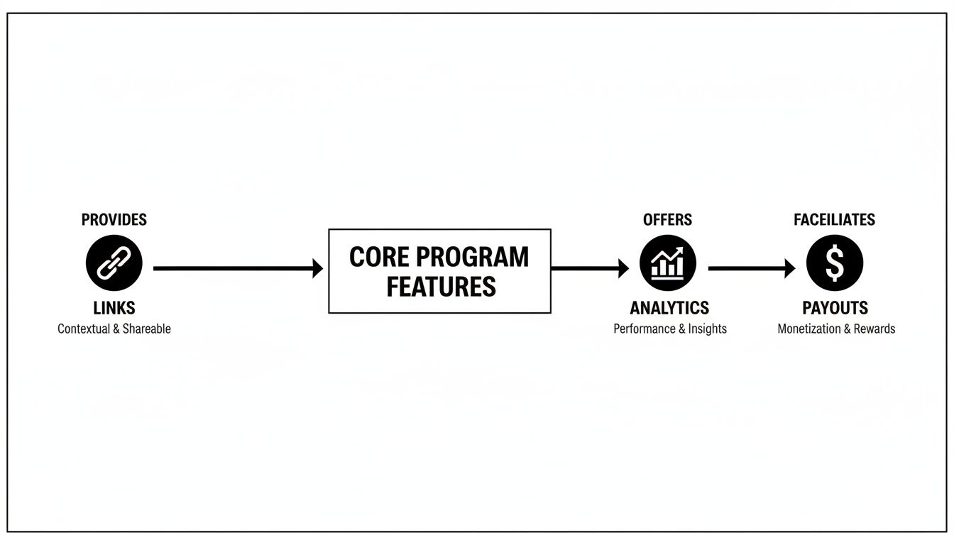 Flowchart illustrating core program features providing links, analytics, and facilitating payouts.