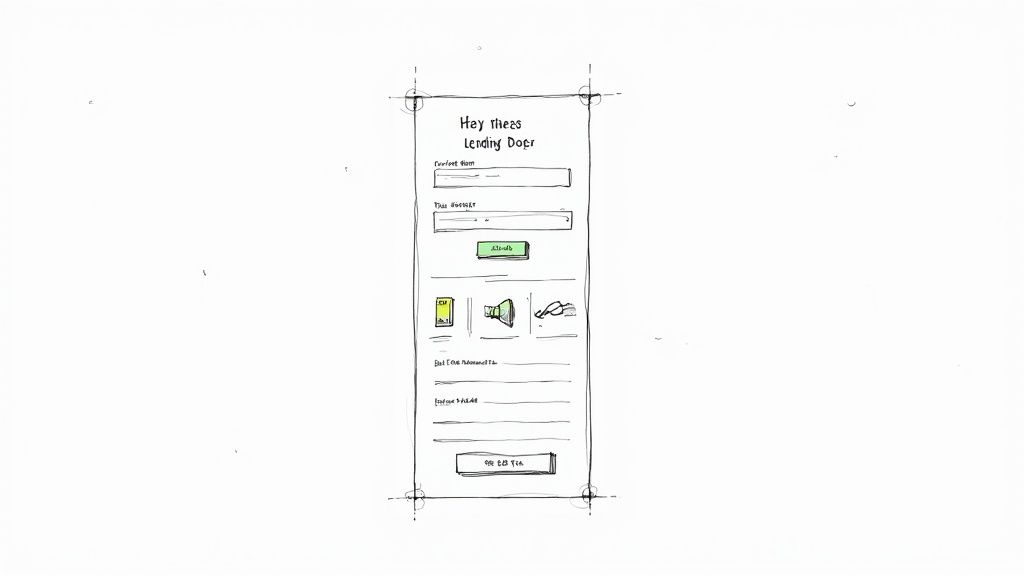 Hand-drawn sketch of a mobile app screen with a contact form and action buttons.