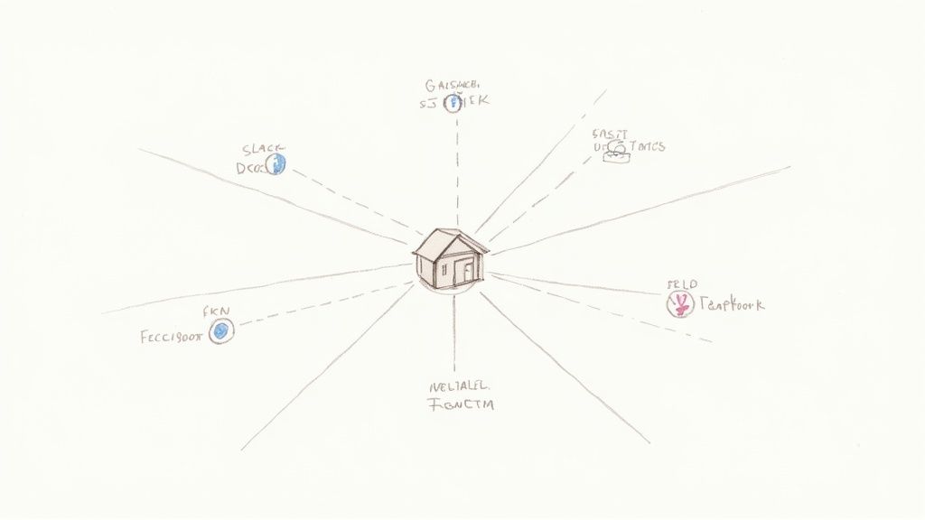 A hand-drawn diagram illustrating a central house connected by lines to various labeled online platforms and services.
